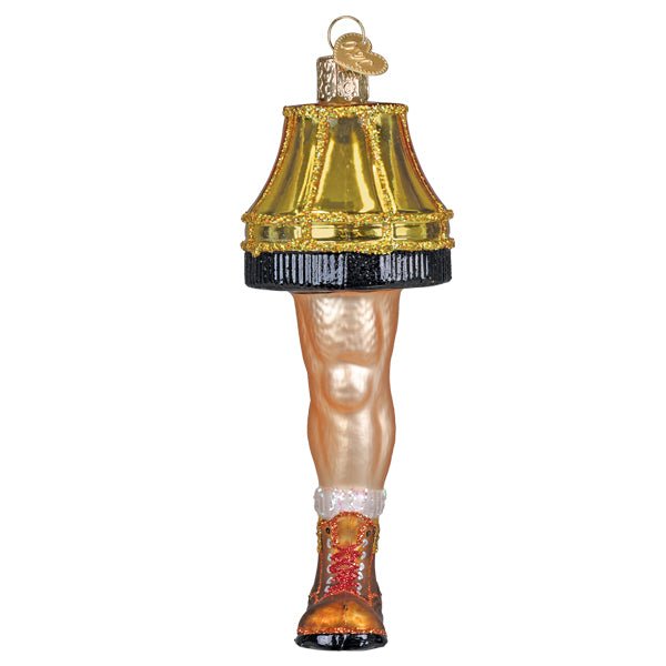 Back view of the man leg lamp ornament showing the boot heel and red laces, on white