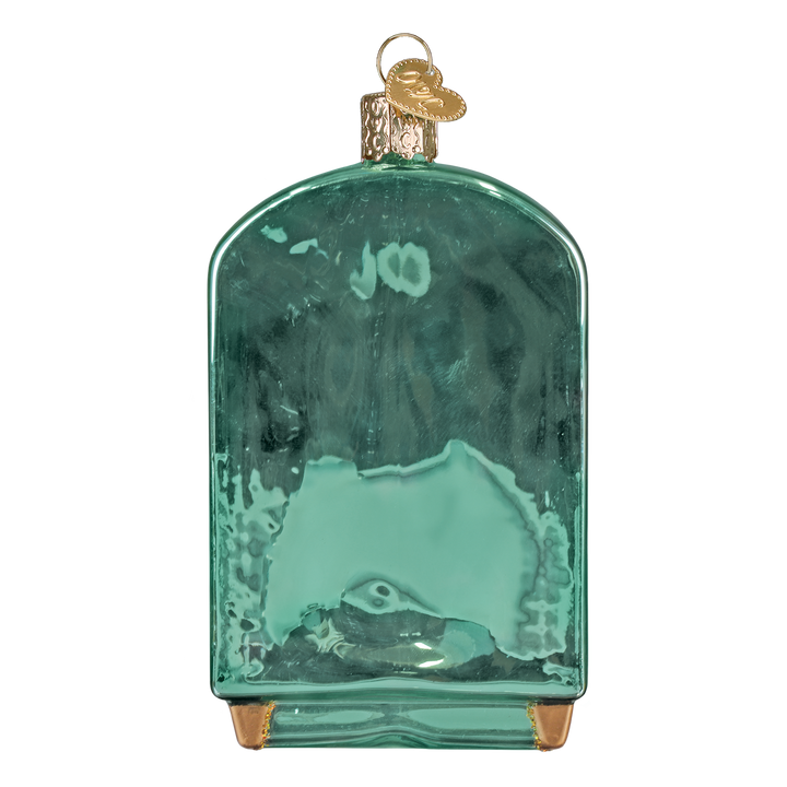 Back of the teal bar cabinet ornament showing smooth glass and a gold cap, on white