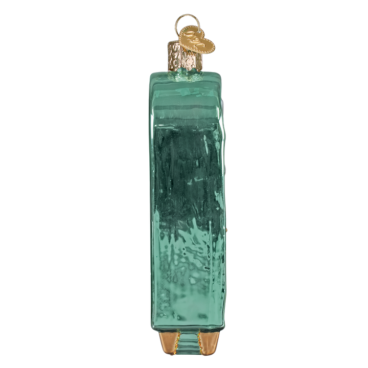 Side profile of the slim teal bar cabinet ornament with gold feet, on white