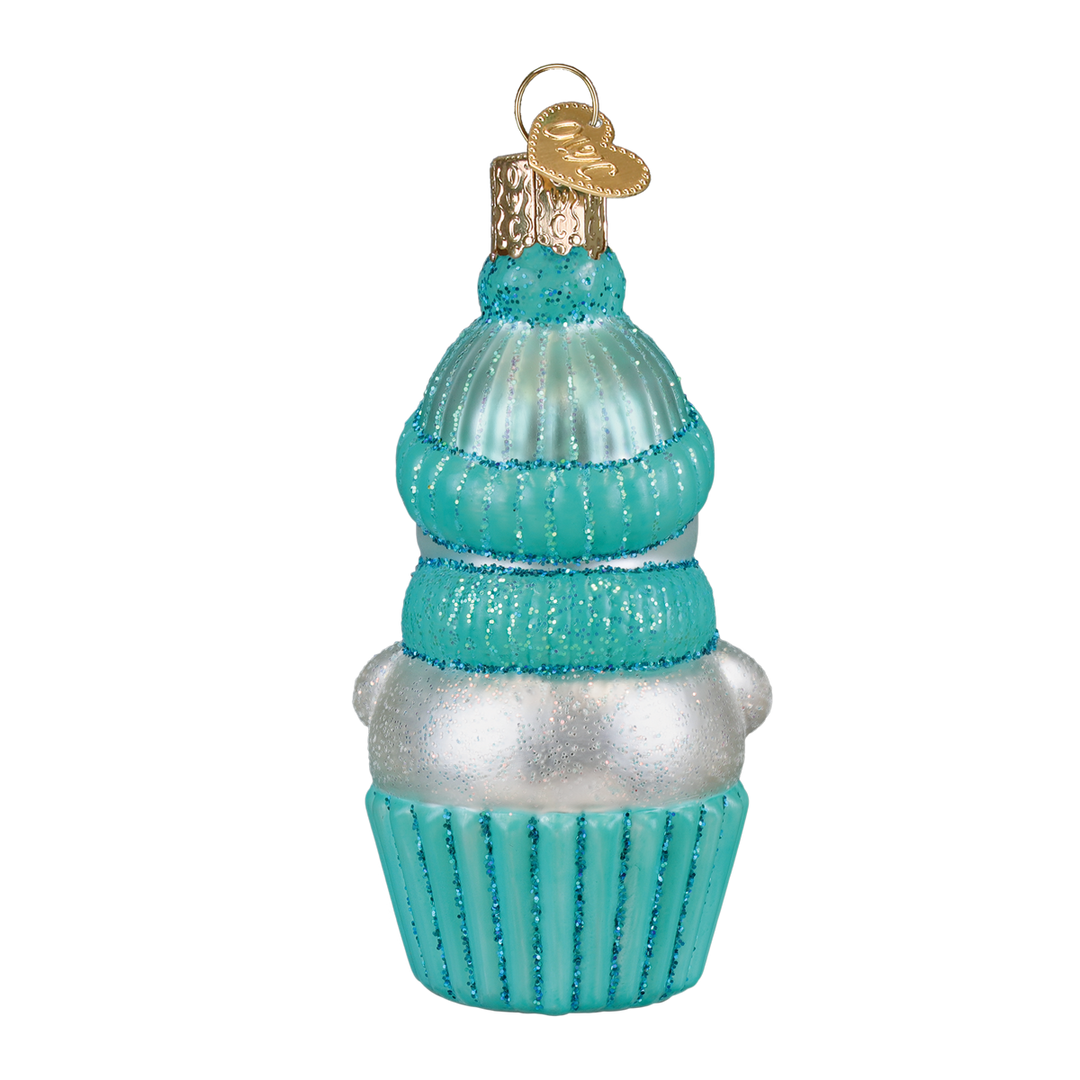 Back of the aqua snow baby ornament showing the knit hat and glitter cupcake wrapper