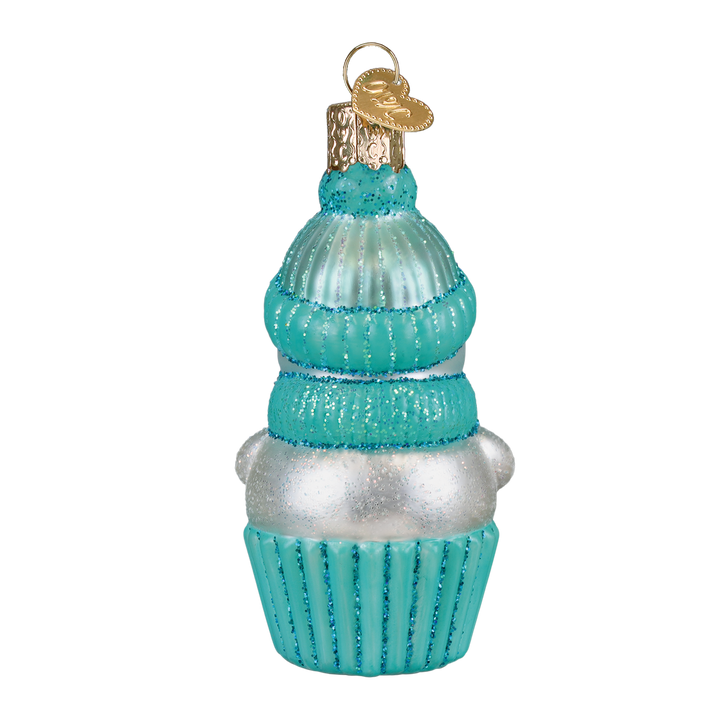 Back of the aqua snow baby ornament showing the knit hat and glitter cupcake wrapper