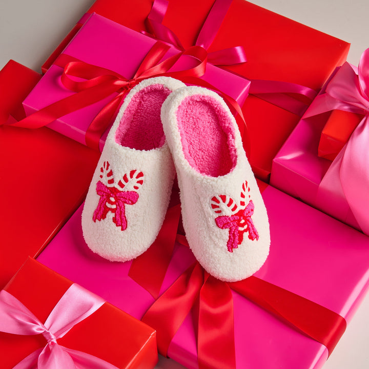Shiraleah Candy Cane Slippers, Ivory Shiraleah Retail Slippers Shiraleah Candy Cane Slippers, Ivory Bonjour Fete - Party Supplies