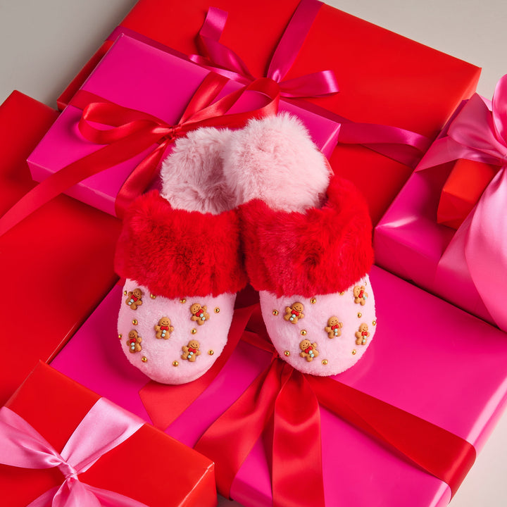 Shiraleah Gingerbread Man Slippers, Blush Shiraleah Retail Slippers Shiraleah Gingerbread Man Slippers, Blush Bonjour Fete - Party Supplies