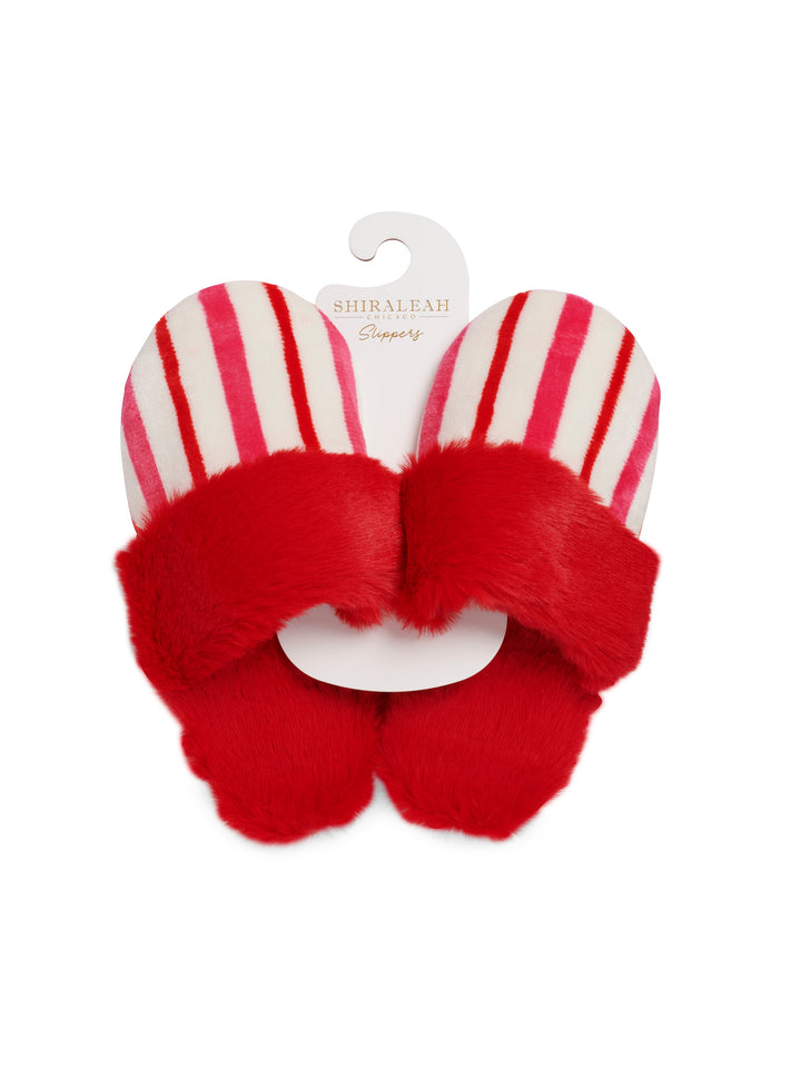 Candy stripe slippers on a hanger