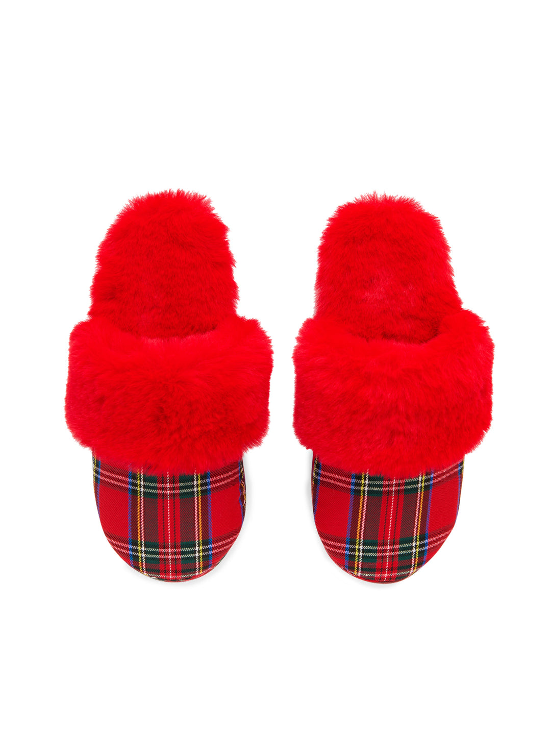 Red faux fur slippers with red plaid footbeds on white