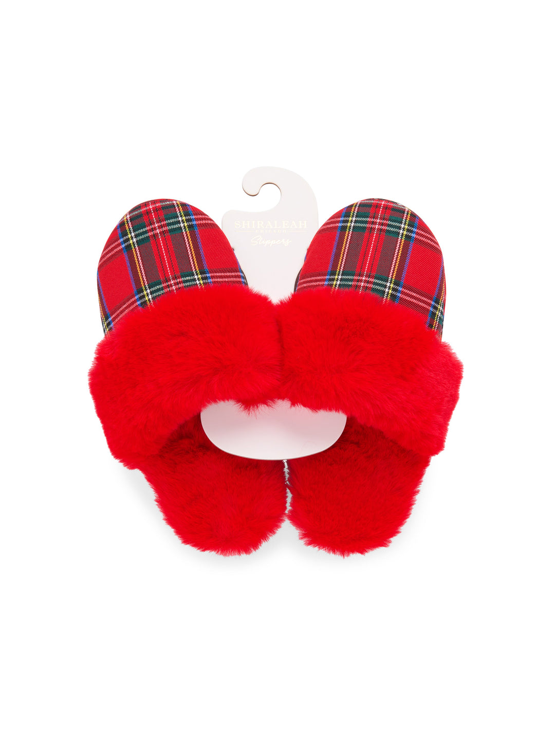 Red faux fur plaid slippers on a hanger