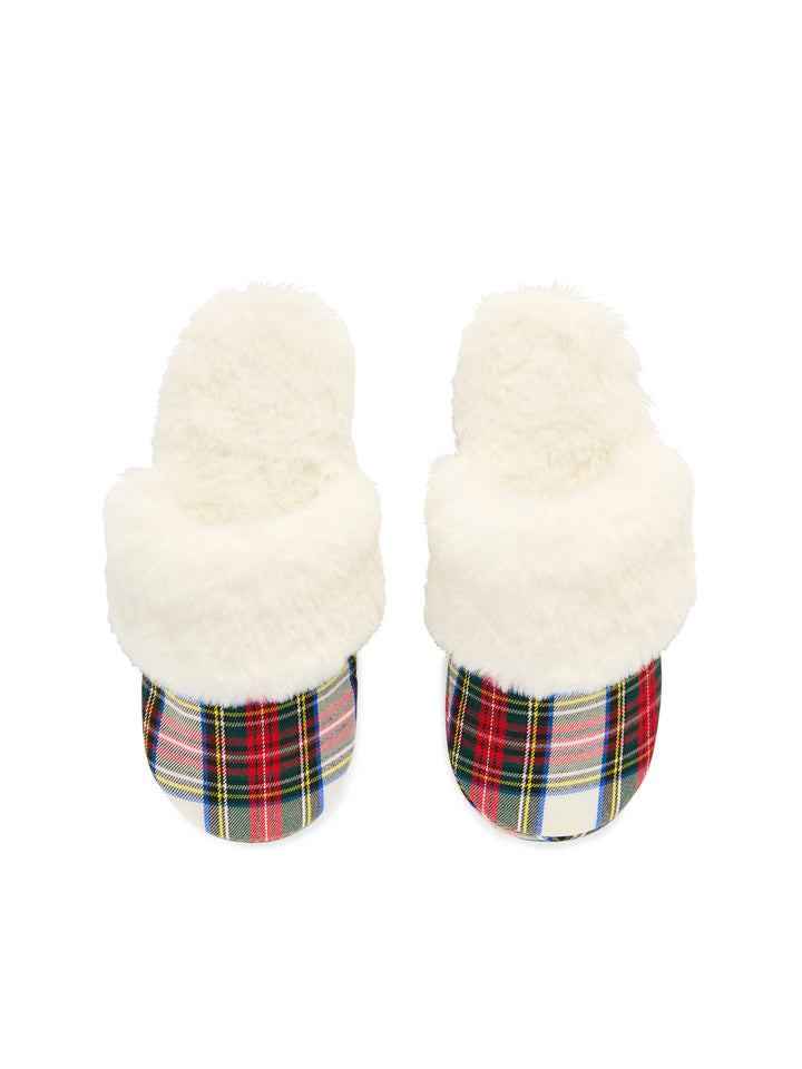 White faux fur slippers with red tartan footbeds on white