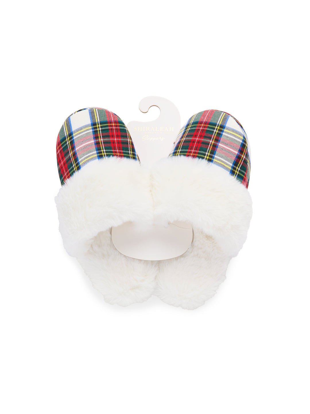 White faux fur plaid slippers on a hanger