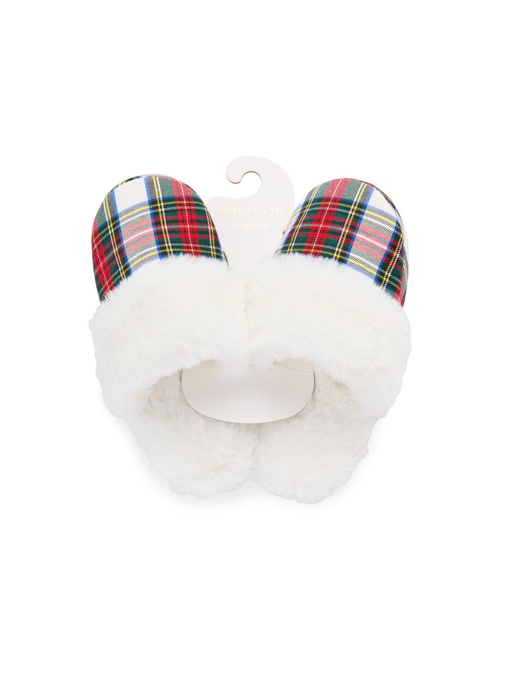 White faux fur plaid slippers on a hanger