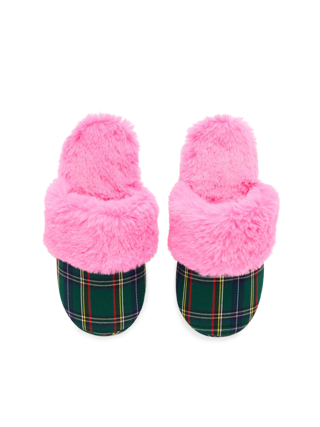 Pink faux fur slippers with green tartan footbeds on white