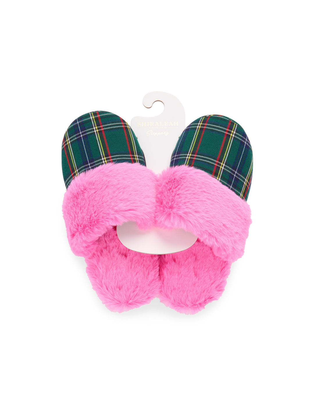 Pink and green plaid slippers on a hanger
