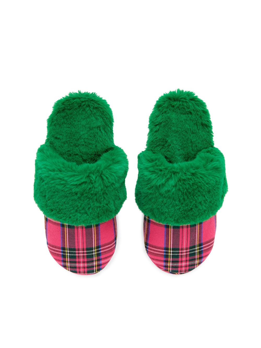 Green faux fur plaid slippers on white