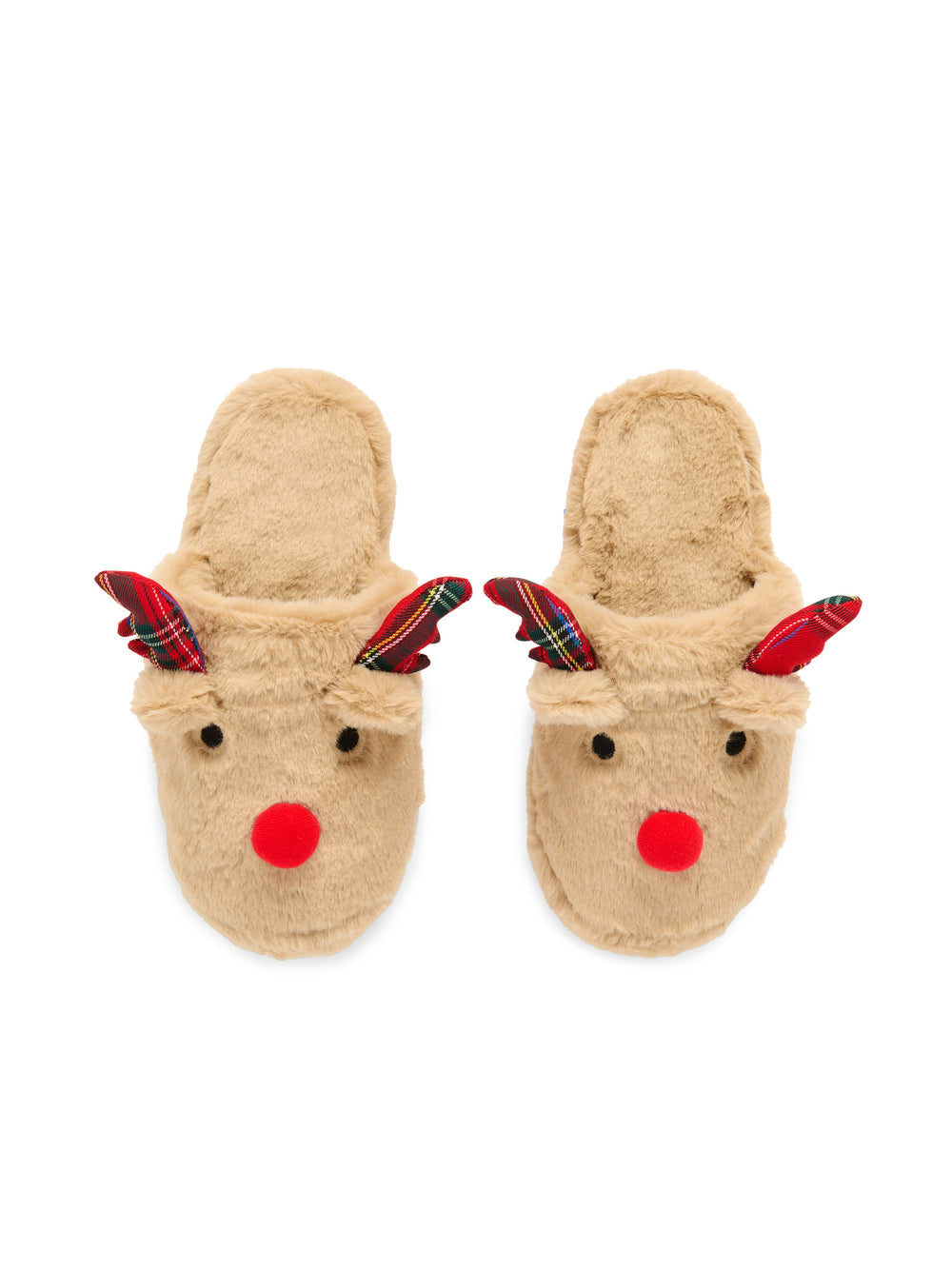 Pair of tan reindeer slippers with red pom-pom noses on white
