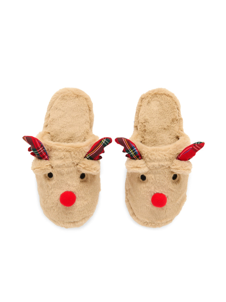 Pair of tan reindeer slippers with red pom-pom noses on white