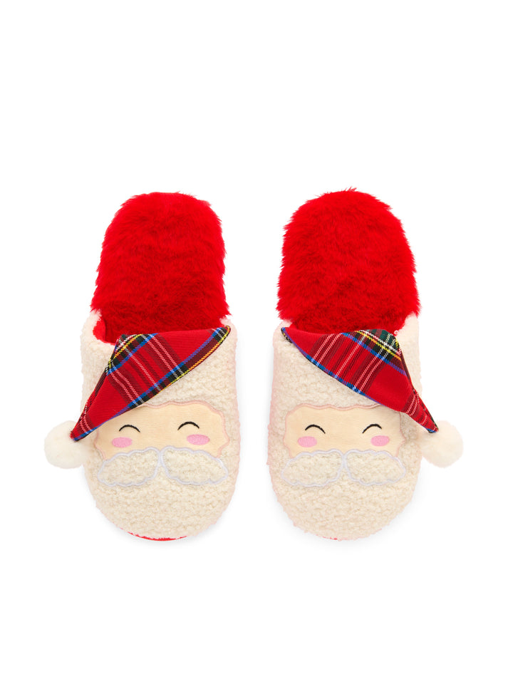 Pair of Santa face slippers with red faux fur and plaid hats on white