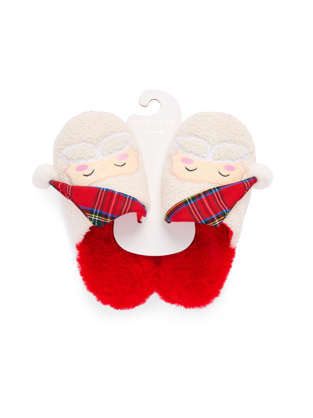 Santa slippers on a hanger with red faux fur cuffs