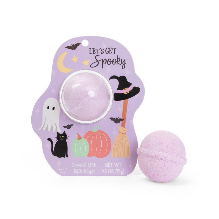 Halloween cat and witch hat bath bomb on a Let's Get Spooky clamshell card by Cait and Co holding a lavender bath bomb