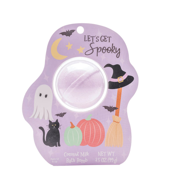 Halloween cat and witch hat bath bomb on a Let's Get Spooky clamshell card by Cait and Co holding a lavender bath bomb