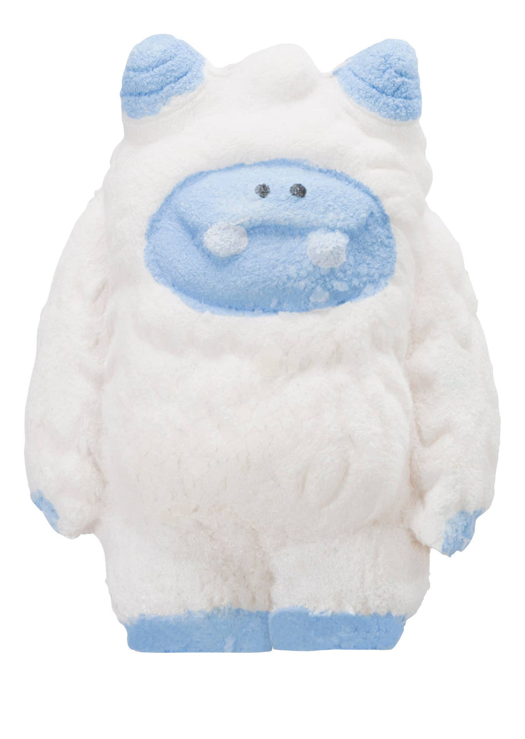 Grown white yeti figure with blue face and horns after hatching from the iceberg, a winter stocking stuffer