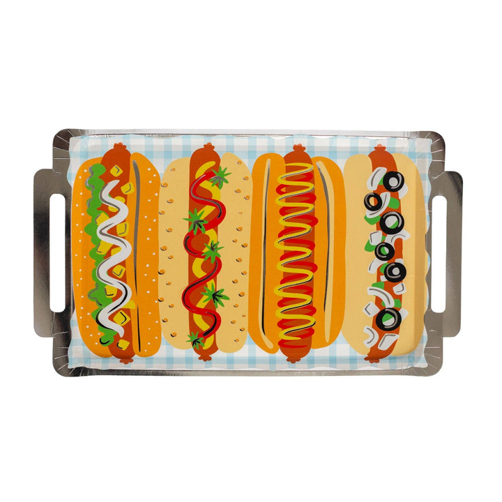 Hot dog platter plate printed with four fully loaded hot dogs on a blue gingham background