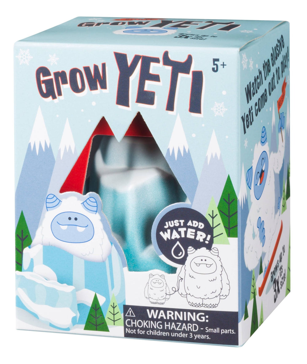 Grow Yeti box with mountain artwork and window showing the blue iceberg, a just add water toy for snow days