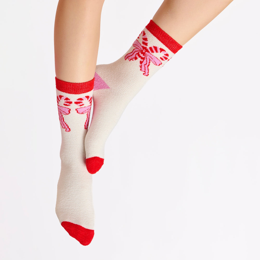 Shiraleah Candy Cane Bow Socks, Ivory Shiraleah Retail Socks Shiraleah Candy Cane Bow Socks, Ivory Bonjour Fete - Party Supplies