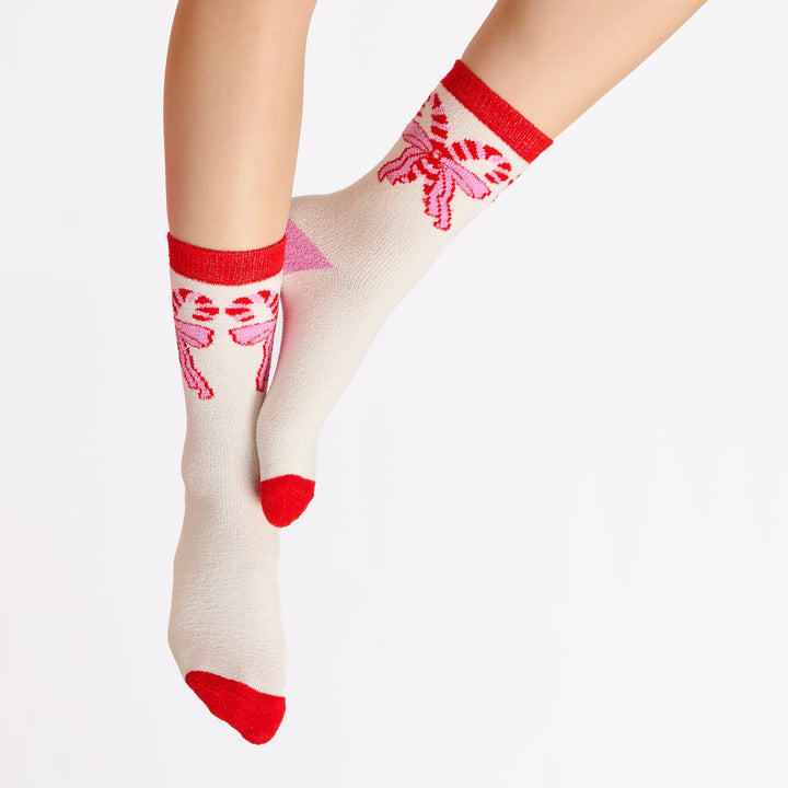 Shiraleah Candy Cane Bow Socks, Ivory Shiraleah Retail Socks Shiraleah Candy Cane Bow Socks, Ivory Bonjour Fete - Party Supplies