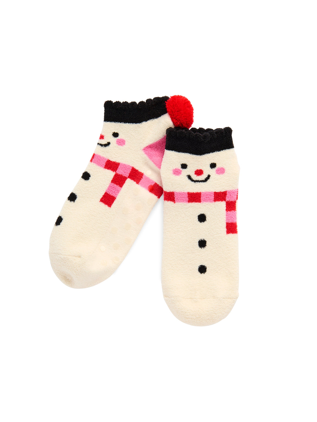 Pair of ivory snowman socks with striped scarves on white