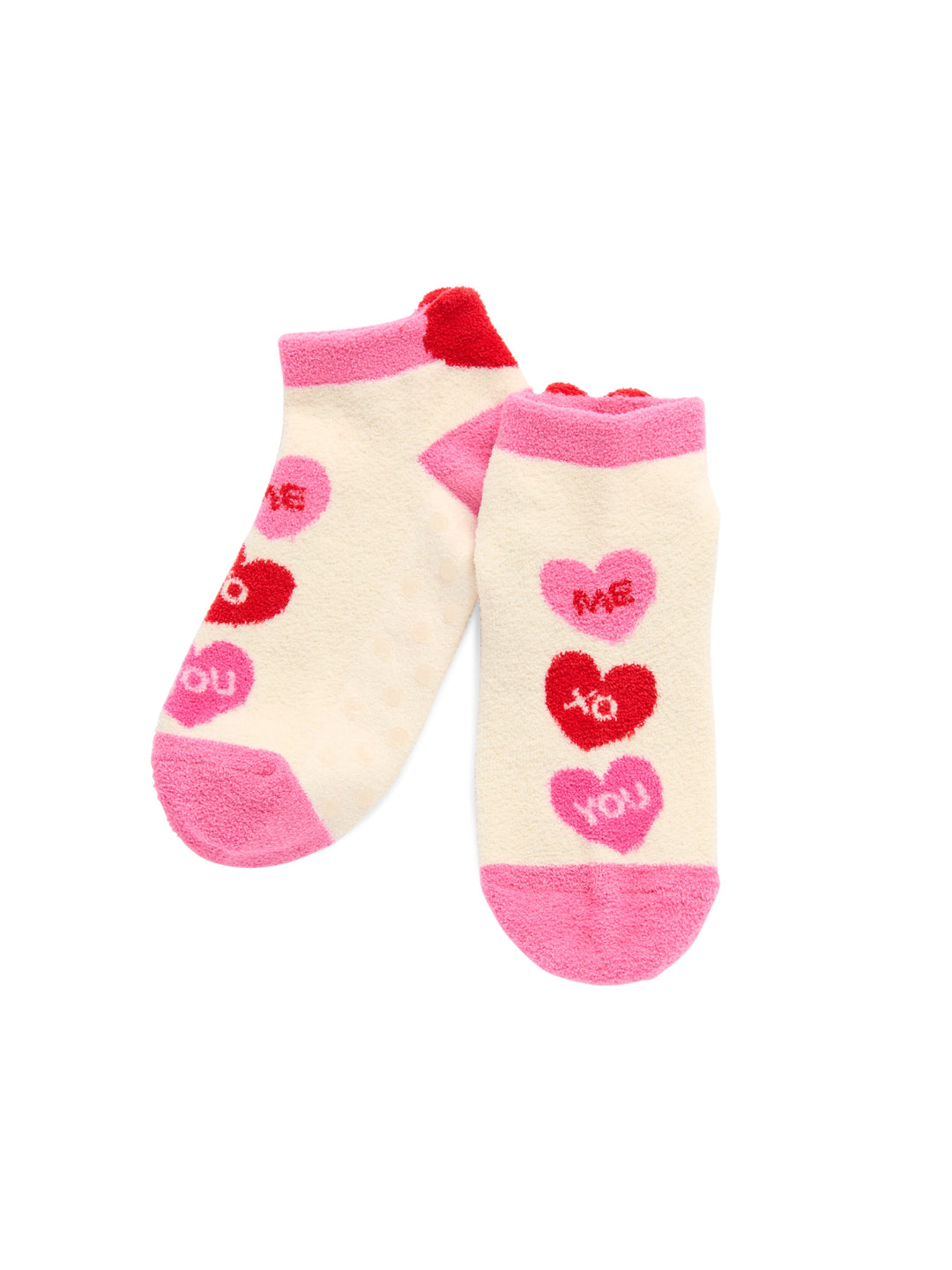 Ivory conversation heart fuzzy socks with pink cuffs on white
