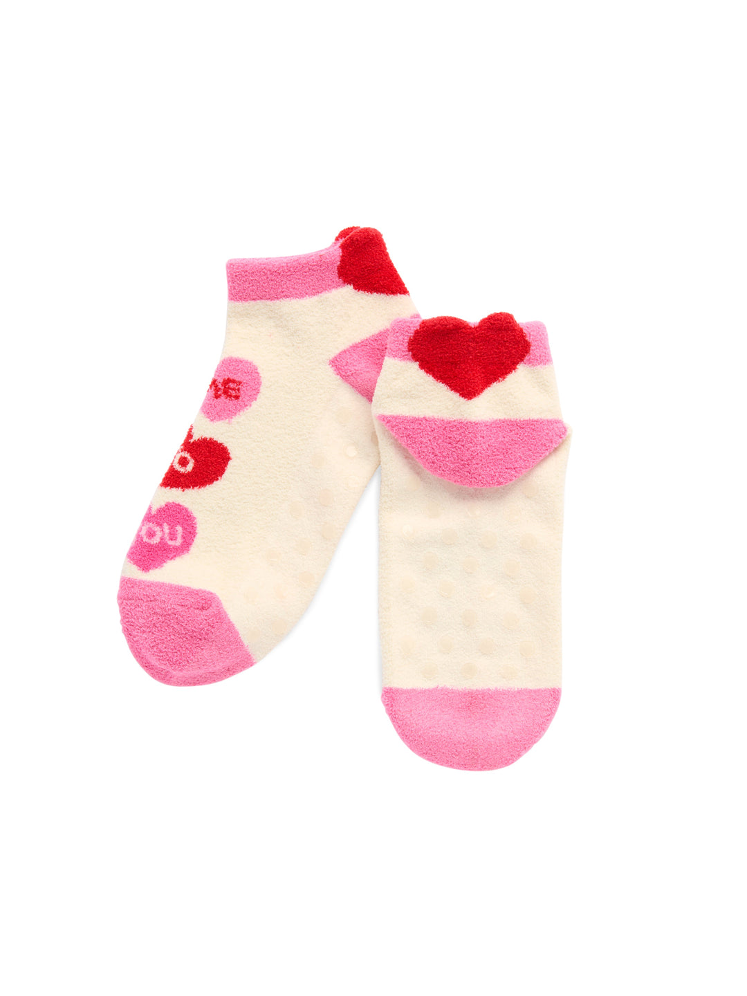 Pair of conversation heart socks with a plush red heart on white