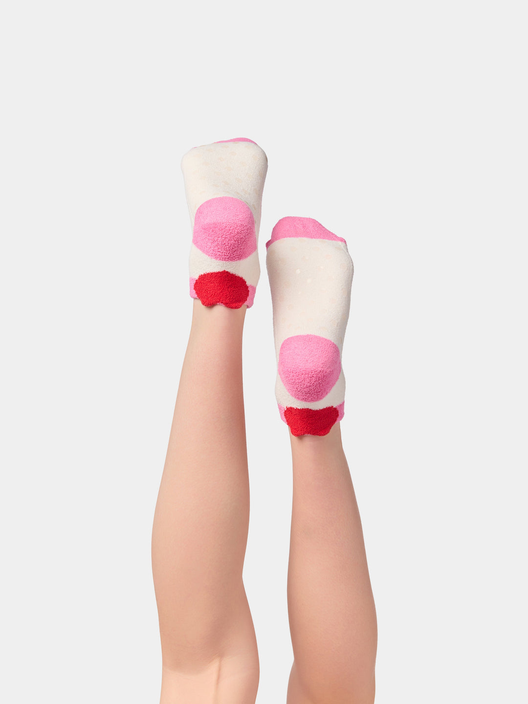 Heels of conversation heart socks with plush heart accents