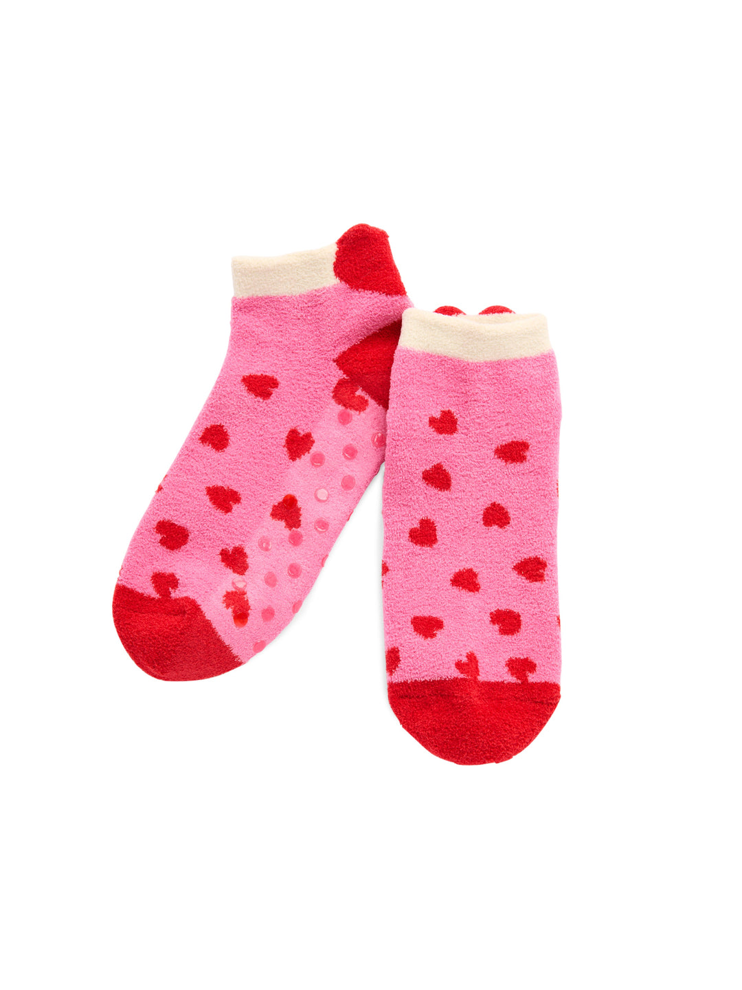 Pink mini heart fuzzy socks with red heels on white