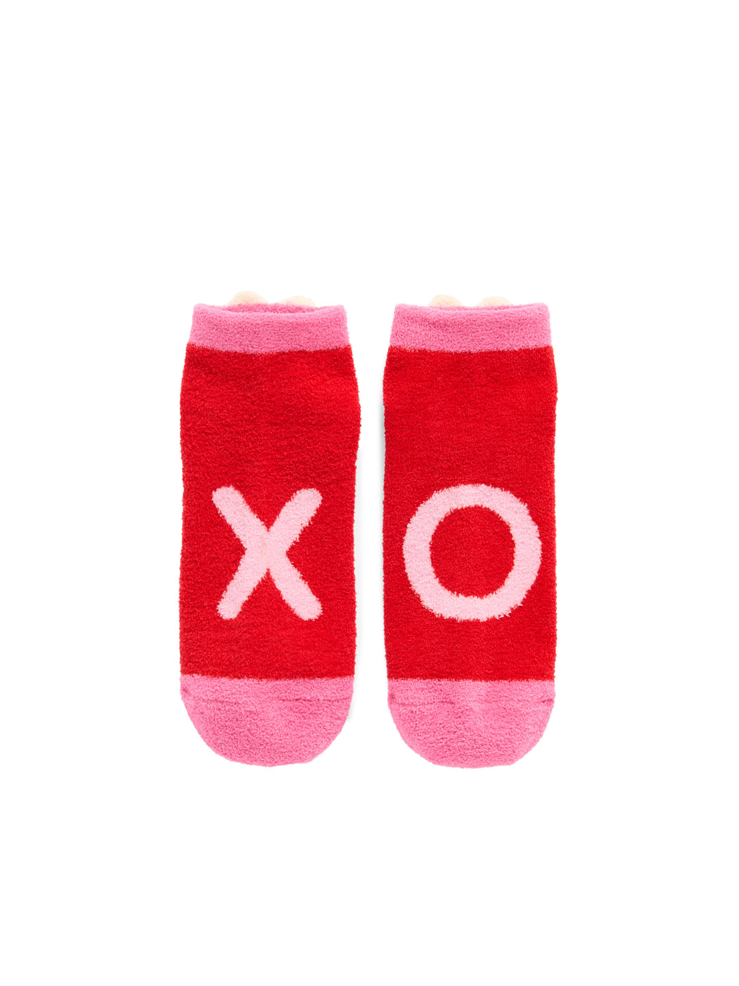 Pair of red XO socks laid flat on white