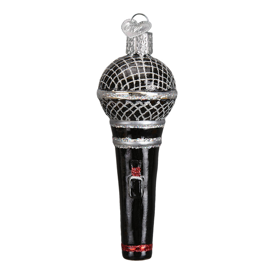 Front of the microphone glass ornament with silver mesh grille and black glitter handle, on white
