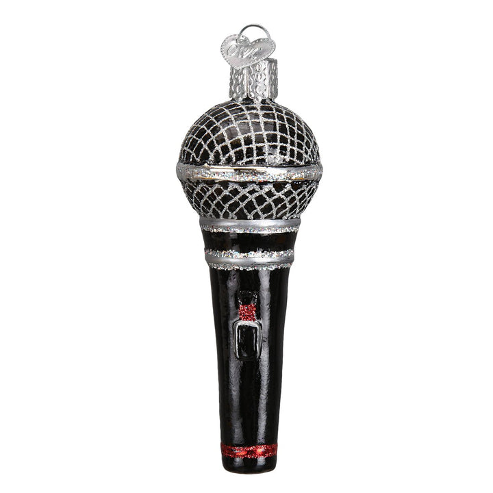 Front of the microphone glass ornament with silver mesh grille and black glitter handle, on white