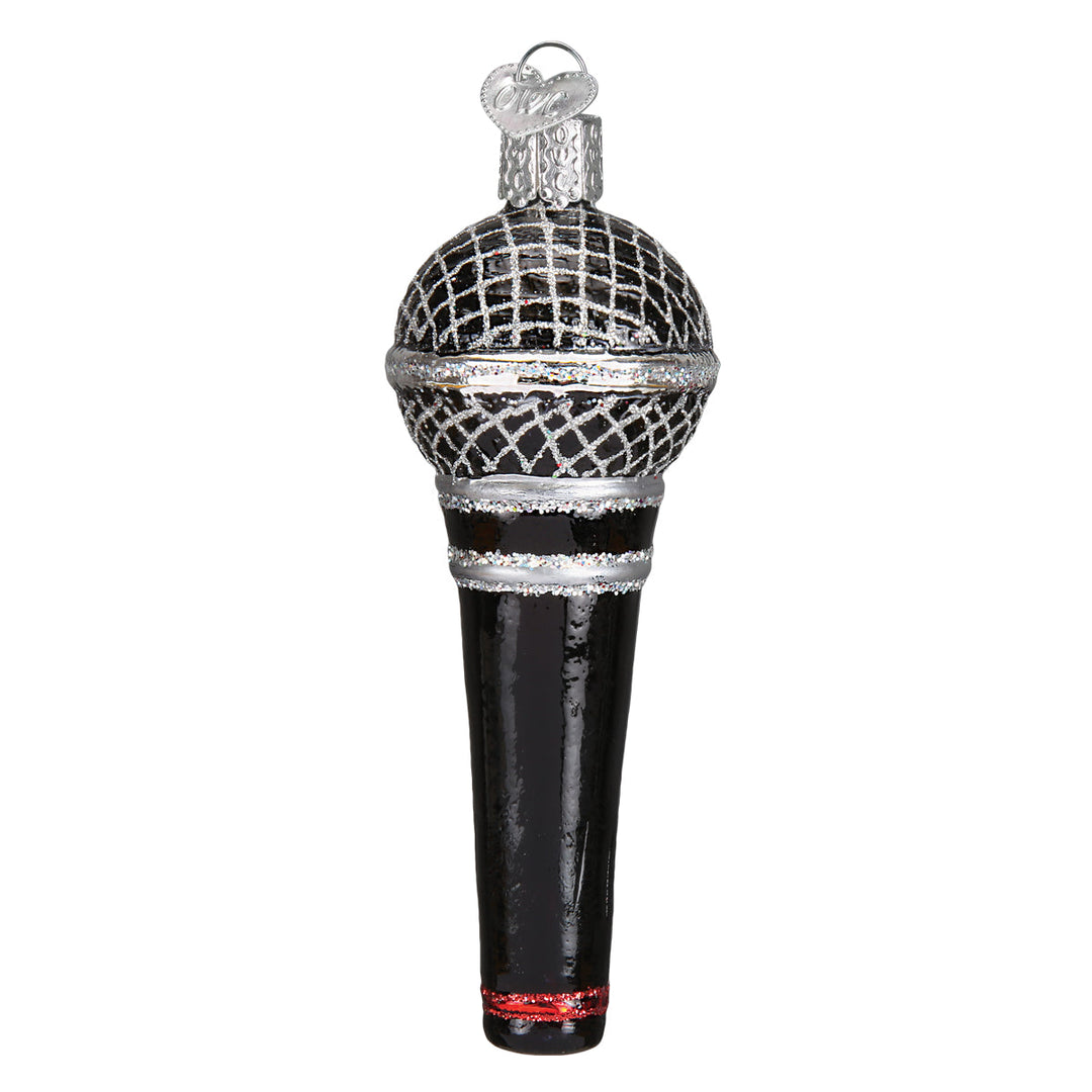 Back of the microphone ornament showing the silver band below the grille, on white