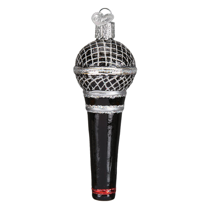 Back of the microphone ornament showing the silver band below the grille, on white