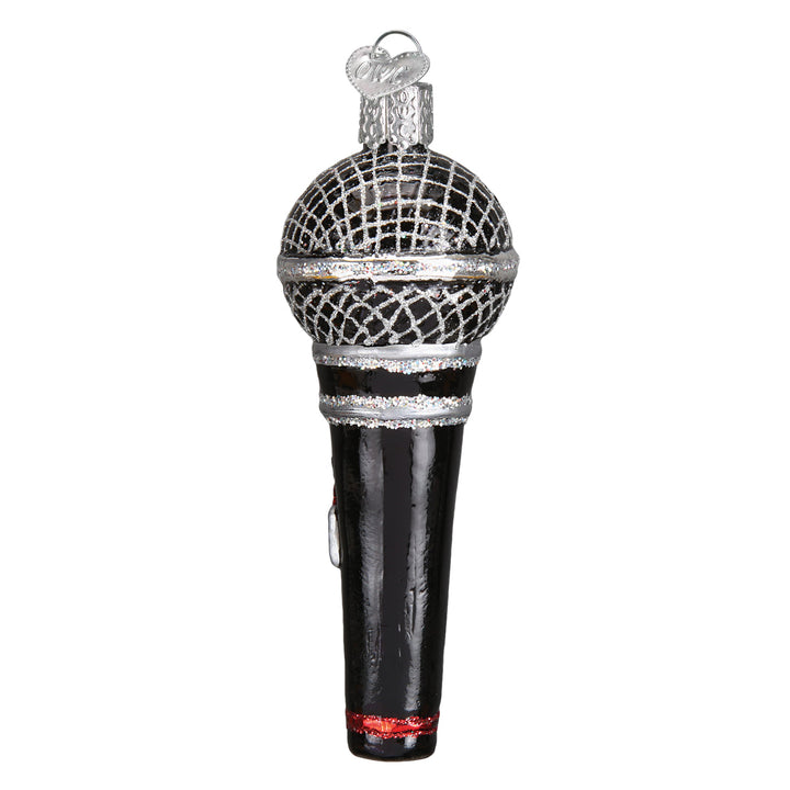 Side view of the microphone ornament with its handle switch and red base ring, on white