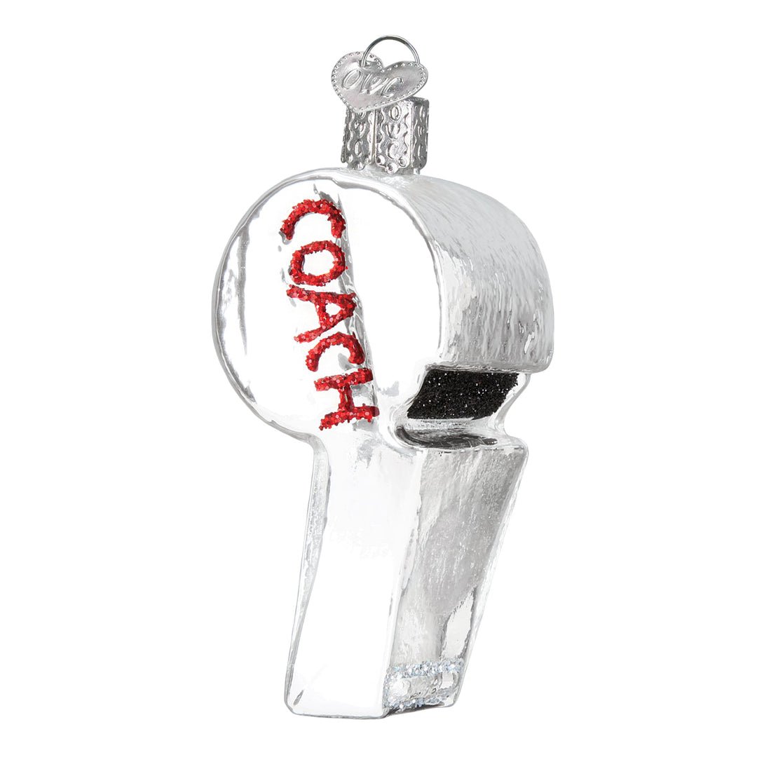Front of the silver coach's whistle glass ornament with COACH painted in red, on white