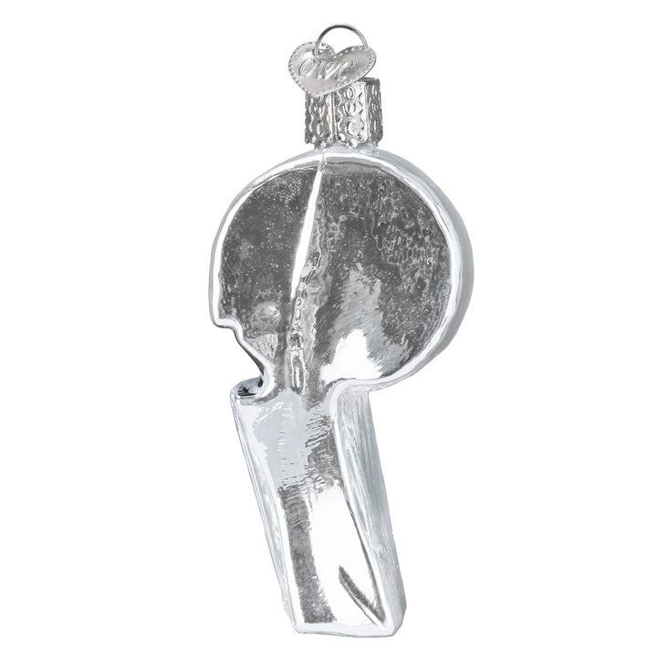 Back of the silver whistle ornament showing its rounded glitter chamber, on white