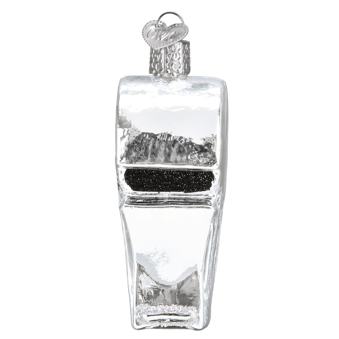 Top view of the whistle ornament looking into its black mouthpiece, on white
