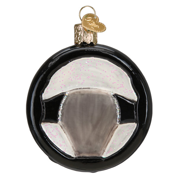 Back view of the steering wheel ornament, glossy black rim with silver glittered spokes