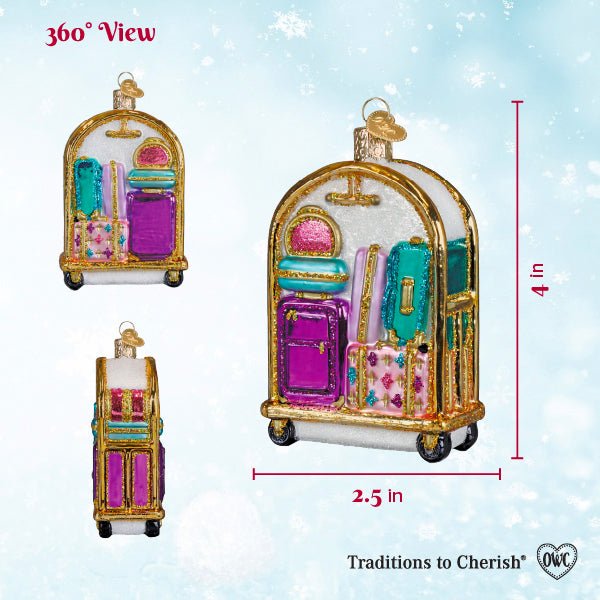 360 degree view chart of the luggage cart ornament with 4 inch height and 2.5 inch width markers
