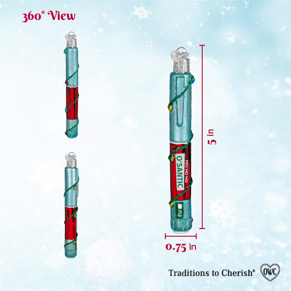 360 degree view chart of the injection pen ornament with 5 inch height and 0.75 inch width markers