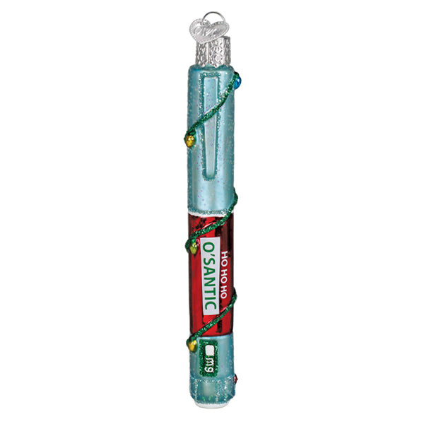 Aqua and red injection pen ornament wrapped in green string lights with a HO HO HO O'SANTIC label, front view