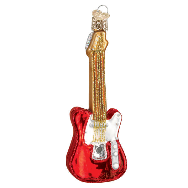 Glossy red electric guitar ornament with a gold neck and white pickguard on a white background
