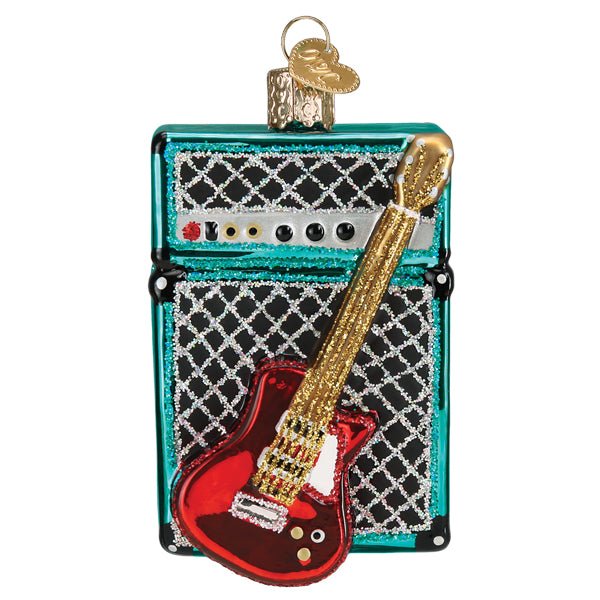 Guitar and amp ornament, front view of a red electric guitar leaning on a teal amplifier, on white
