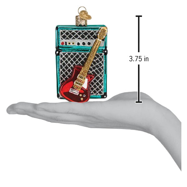 Guitar and amp ornament on an open palm beside a 3.75 inch height marker