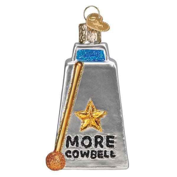 Front of the silver cowbell ornament with a gold star, More Cowbell lettering, and a gold stick, on white