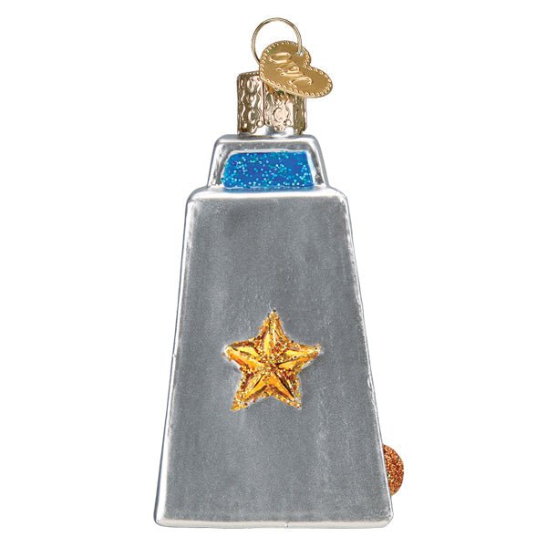 Back of the silver cowbell ornament with a single gold star and a blue band at the top